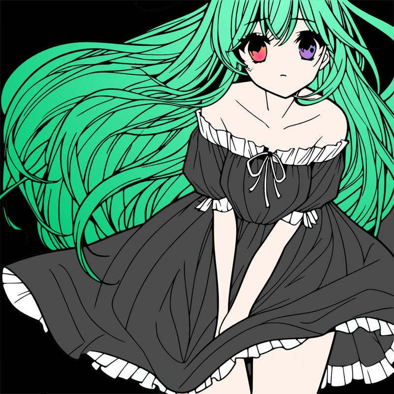 manga girl with long flowing hair and a dress that is pushed down