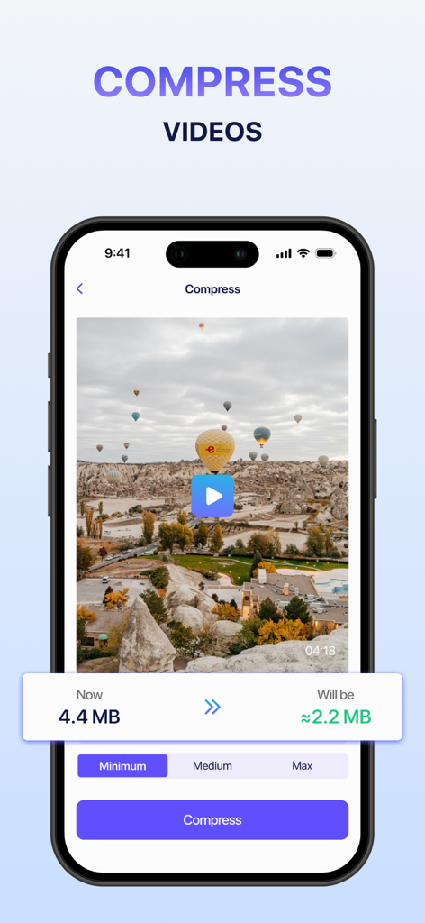 A mobile interface showing the video compression feature that reduces a file from 4.4 MB to 2.2 MB to save phone storage.