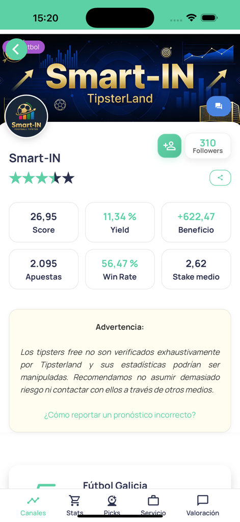 Tipsterland - Apuestas - Tipsterland App Profilbildschirm, der Wettstatistiken und Leistungsmetriken für einen Sport-Tipster anzeigt