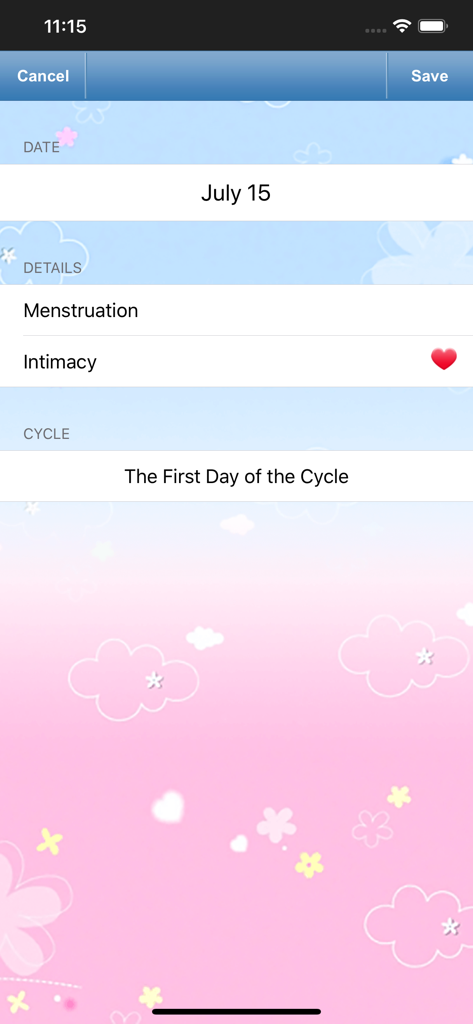 Fertility & Period Tracker - Logging screen for tracking menstrual cycle and intimacy details