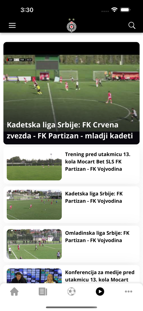 Screenshot of the FK Partizan official app showing a video feed of youth league matches and club news.