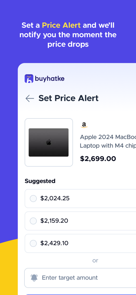 Buyhatke Price Tracker, Coupon - Buyhatke app interface for setting a price drop alert on an Apple MacBook Pro.