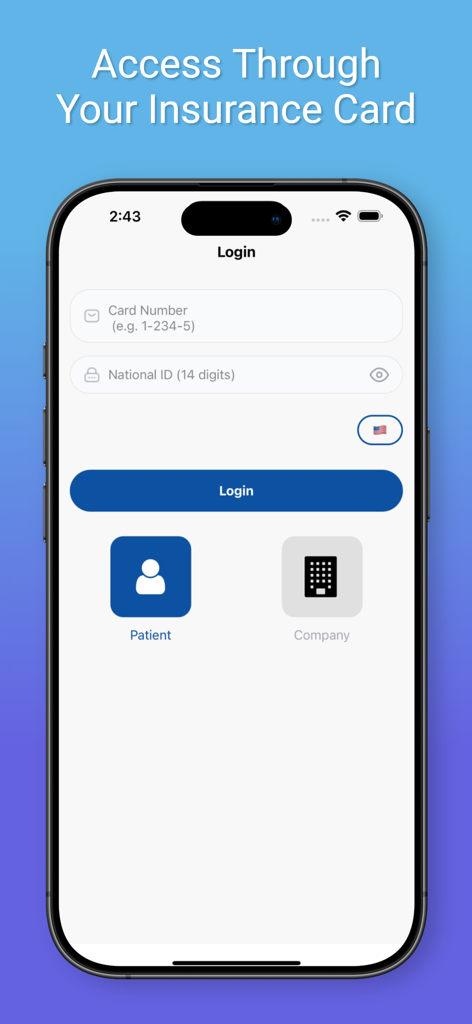 Unicare Egypt - Login screen of the Unicare Egypt app with insurance card and national ID fields.