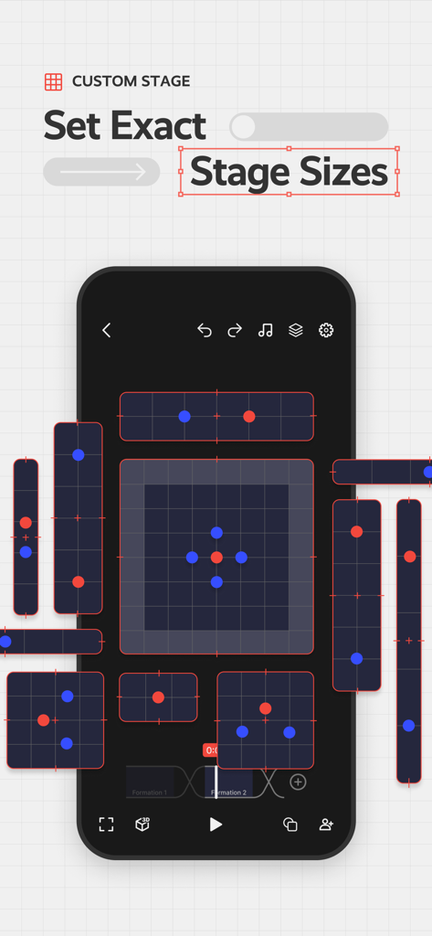 Mobile app interface showing how to set custom stage sizes for dance formation planning with color coded dancer positions on a grid