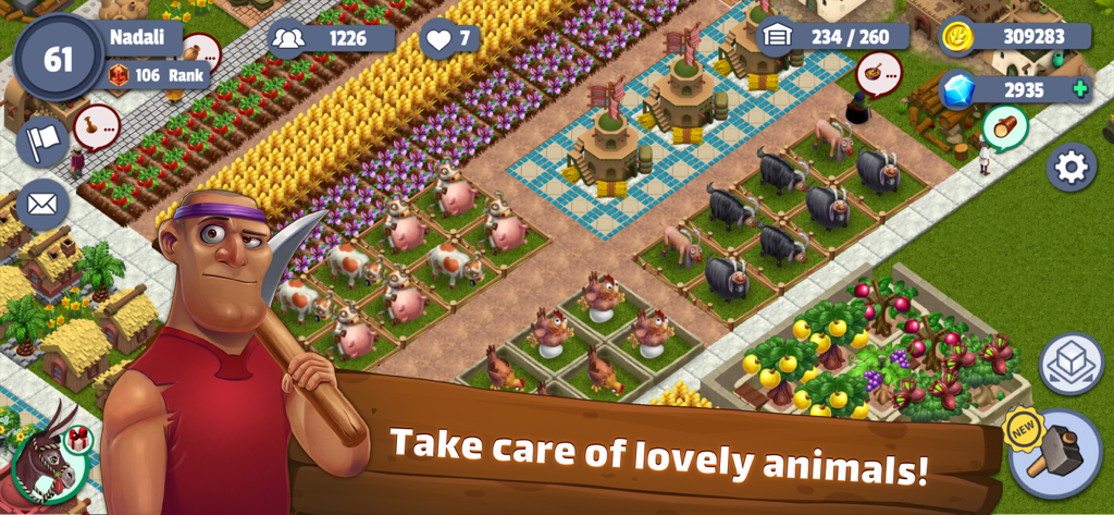 Top down view of a colorful farm in Sun City Builder showing cows, goats, and chickens in pens next to crop fields.