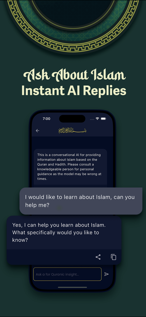 Mobile interface of Quran Chat showing a conversational AI answering questions about Islam
