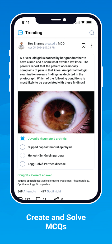 Medroll - Medical Network - Medroll app interface showing a medical case study with a multiple choice question and clinical image