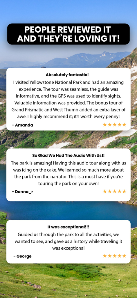 Five star user reviews for the Yellowstone Audio Tour Guide app