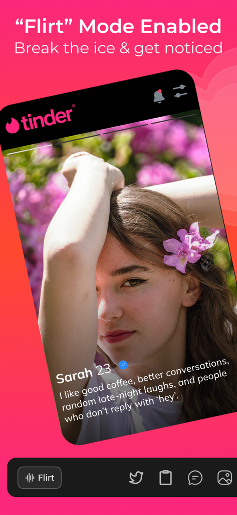 Loverzz + - Loverzz AI dating wingman app showing flirt mode to break the ice on a Tinder profile