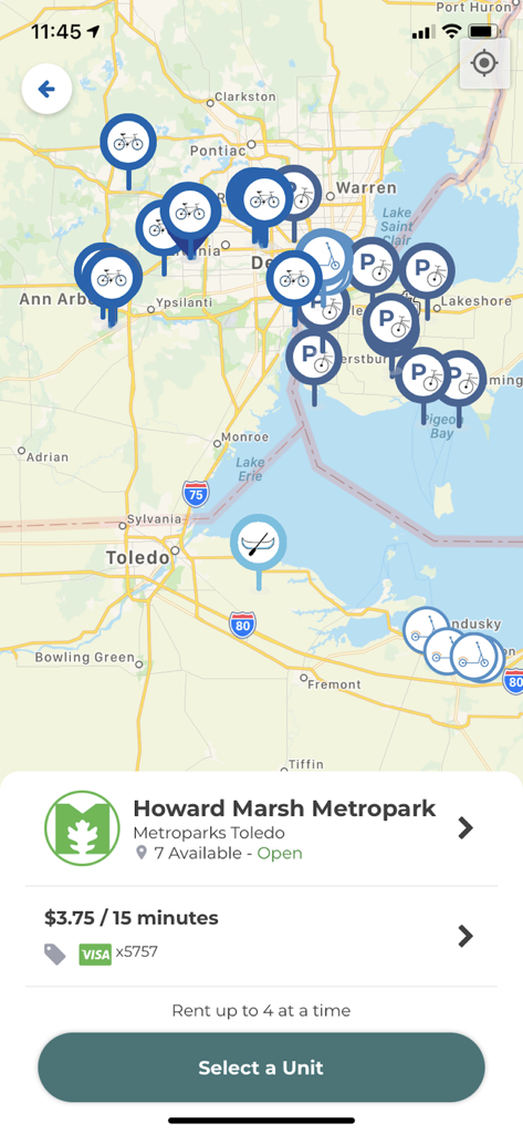 Map view in the Movatic app showing available bikes and scooters for rent with pricing at Howard Marsh Metropark