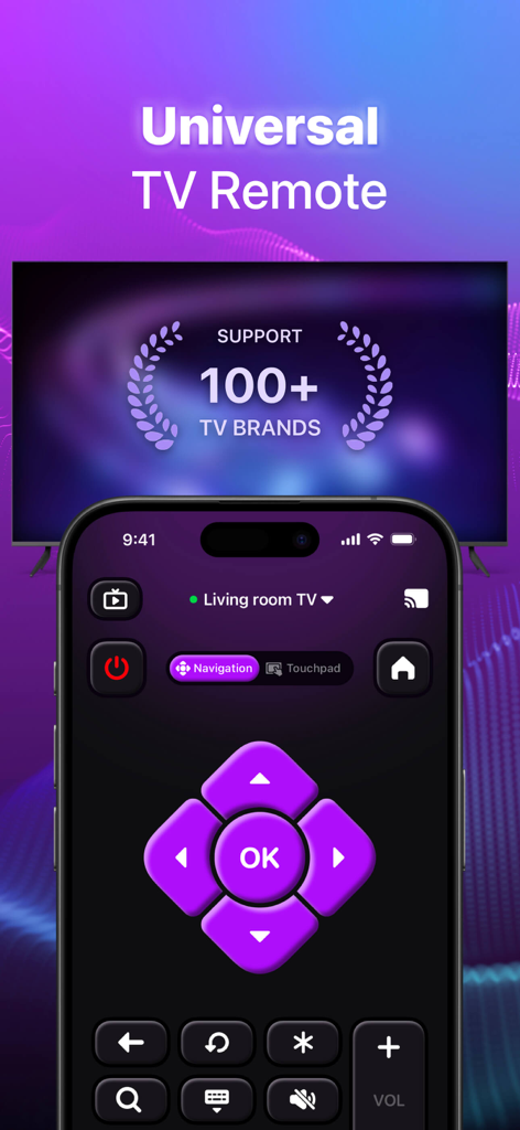 TV Remote Control Mirror Cast - Digital TV remote control interface on an iPhone screen with a universal brand support message