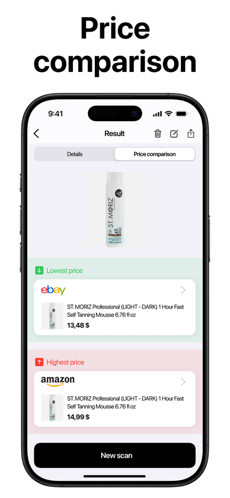 Barcode Scanner & Readerㅤㅤ - Tela do aplicativo móvel mostrando comparação de preços entre eBay e Amazon para um produto digitalizado.