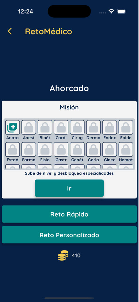 RetoMedico - Pantalla de modo de juego de ahorcado médico de la aplicación RetoMedico y especialidades médicas bloqueadas como cardiología y cirugía.