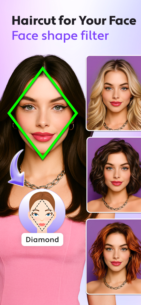 Cosmo: AI Editor, Hair Filters - Una mujer usando la aplicación Cosmo AI para identificar la forma de su rostro (diamante) y previsualizar diferentes peinados.