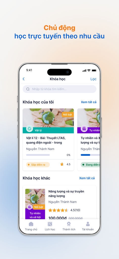 vnEdu LMS - Interface of the vnEdu LMS app displaying a list of online courses and student progress