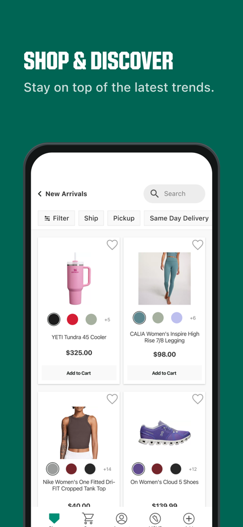 A mobile app interface from DICK'S Sporting Goods displaying new arrivals like a YETI cooler, Nike tank top, and athletic leggings.