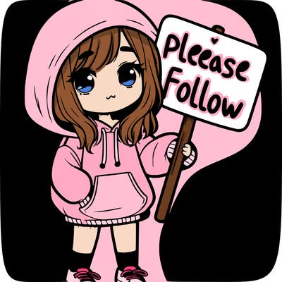 cute girl in a over sized hoodie holding a sign that says please follow