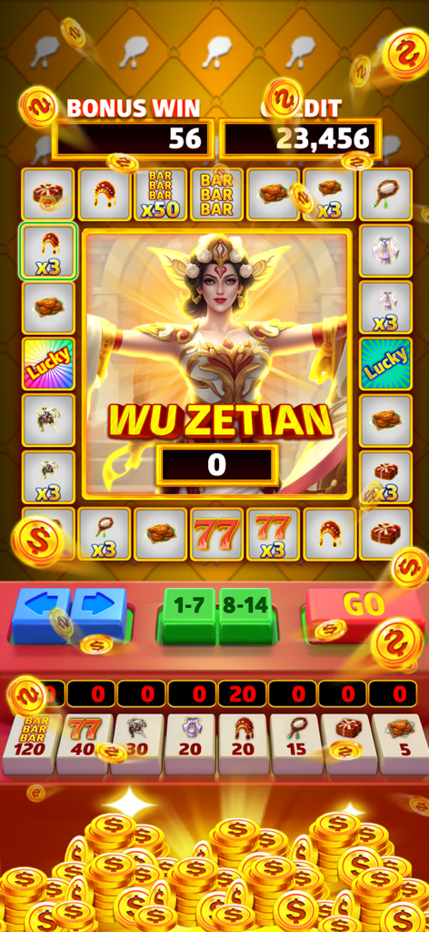 Hunter Slot - Gameplay screenshot of Hunter Slot featuring the Wu Zetian theme with bonus wins and piles of gold coins