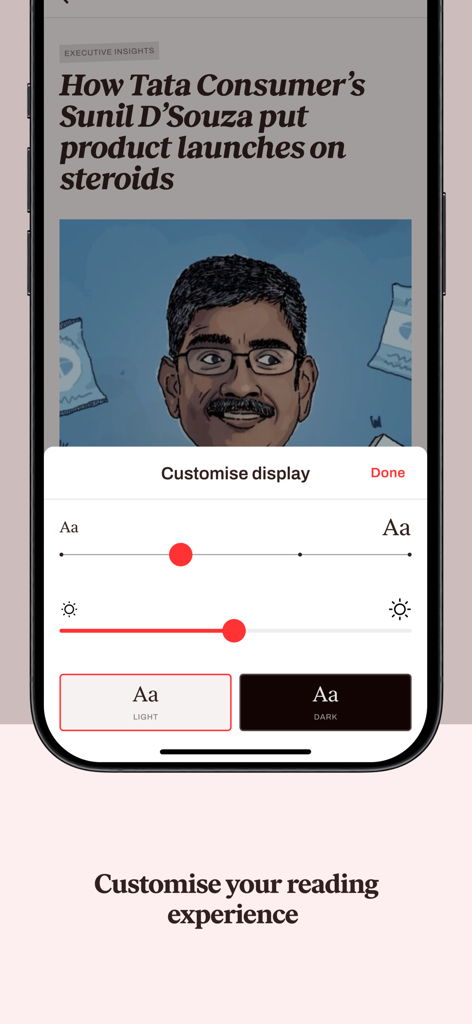The Ken - Reading customization interface in The Ken app featuring font size adjustment and light or dark mode selection