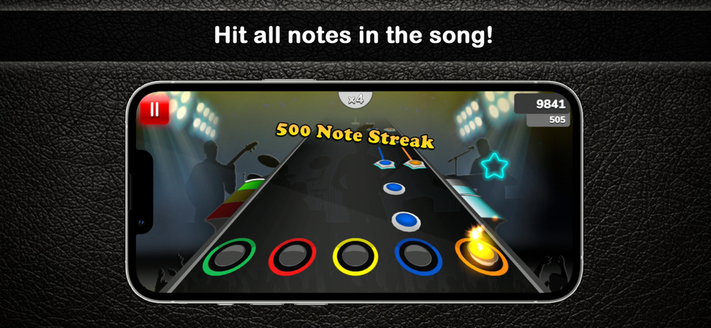 Guitar Flash gameplay on a smartphone showing colorful musical notes on a virtual guitar fretboard with a 500 note streak