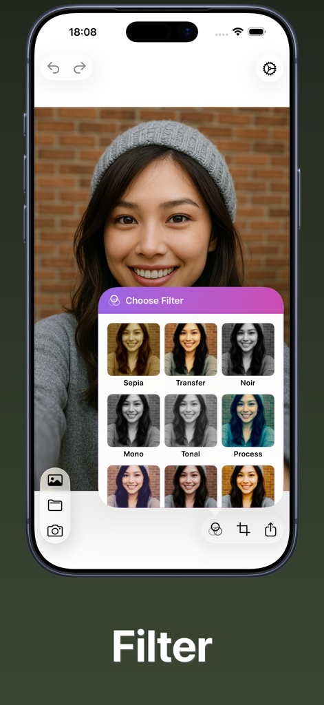 Photo Flipper - selfie mirror - Selfie filter selection screen in Photo Flipper app