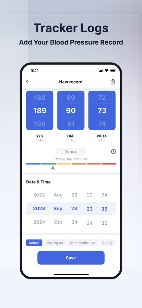 収縮期、拡張期、脈拍の測定値を含む新しい血圧記録を追加するためのインターフェイス