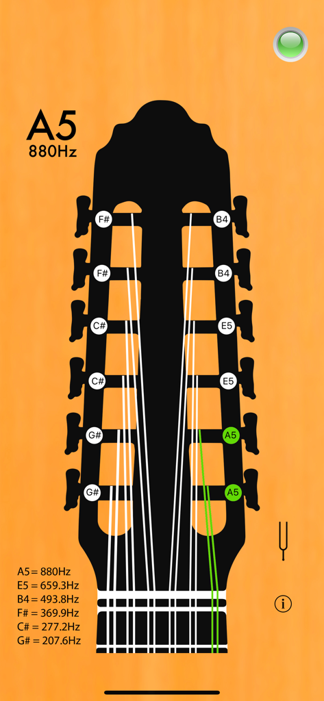 Interfaz de la aplicación Afinador de Bandurria Profesional que muestra el clavijero de una bandurria con una cuerda afinada en La5 a una frecuencia de 880Hz