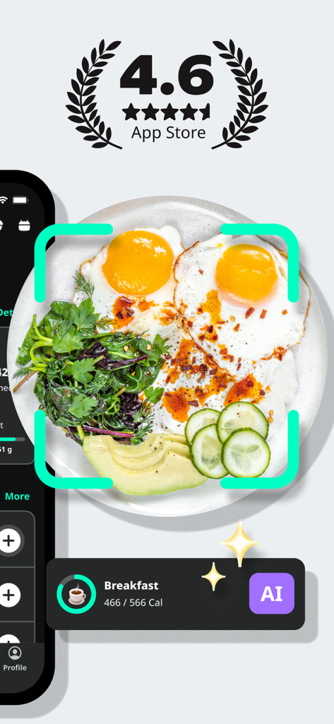AI food recognition feature in Yazio calorie tracker app showing a breakfast meal scan and 4.6 star App Store rating