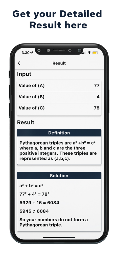 Pythagorean Triples Calculator - A mobile app interface displaying a step by step solution and definition for a Pythagorean triple calculation result.