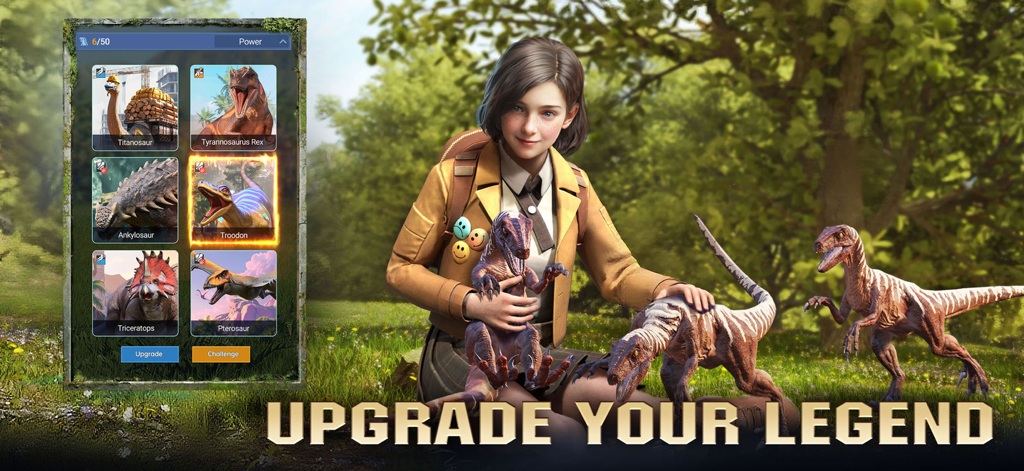 De-Extinct: Jurassic Dinosaurs - A woman trainer with baby dinosaurs next to a squad menu showing various species for upgrades.