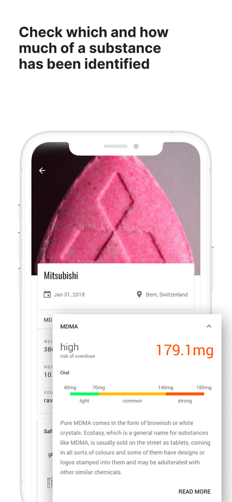 KnowDrugs app screen showing a detailed pill warning for a Mitsubishi ecstasy pill including MDMA dosage and overdose risk level.