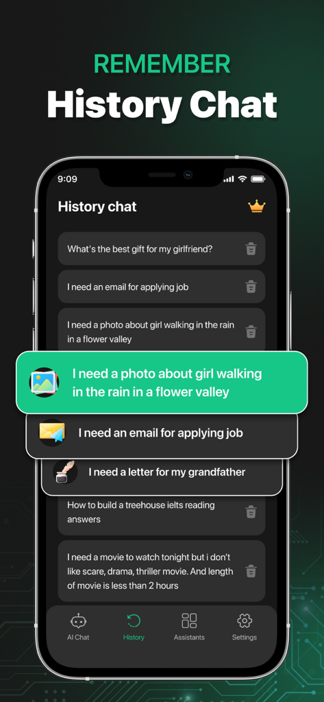 Chat AI Chatbot Assistant - Chat AI app interface showing history of previous chatbot conversations