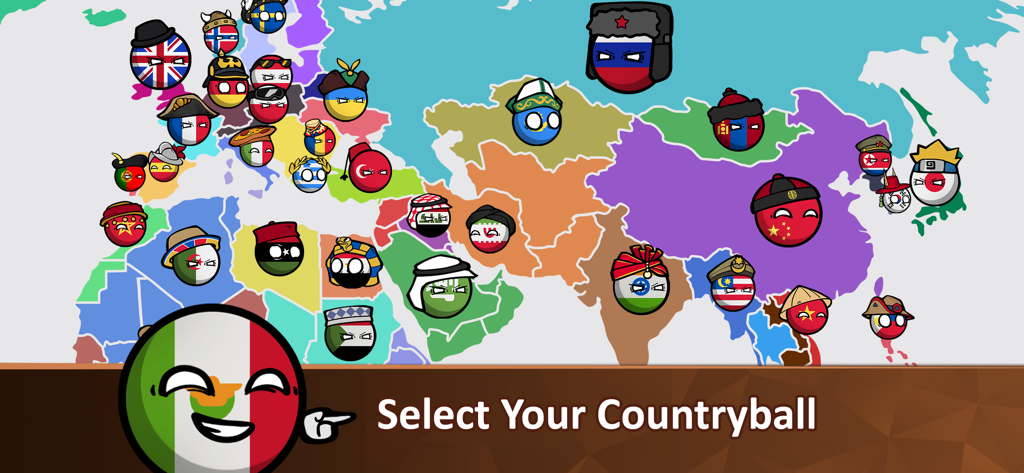 Countryballs - Zombie Attack - Countryballs character selection screen featuring a world map with various national flag balls