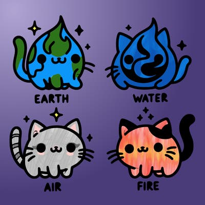 4 cats that represent the different elements, earth, water, air, and fire