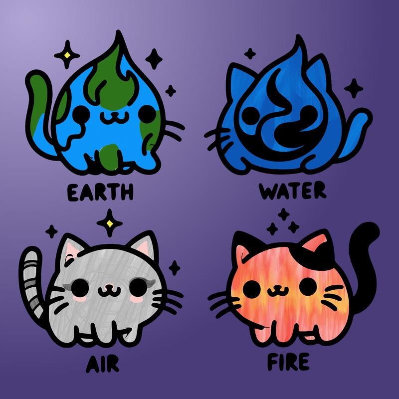 4 cats that represent the different elements, earth, water, air, and fire