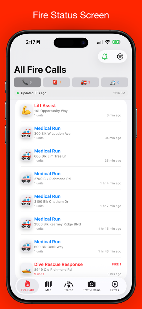 DriveLex - DriveLex app Fire Status Screen displaying a list of active emergency fire calls in Lexington