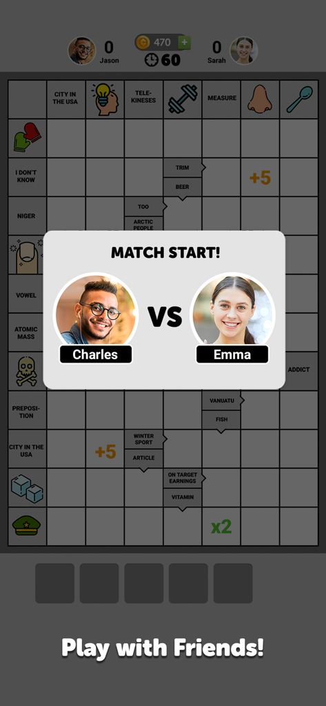 A match start screen in Wordgrams showing two players ready to compete on a crossword puzzle grid