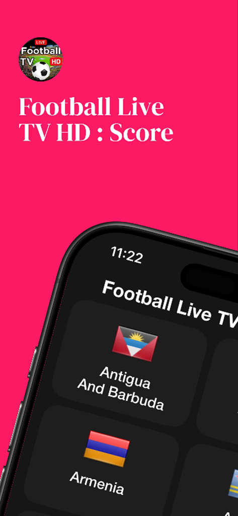 Football Live TV HD : Score - La aplicación Football Live TV HD mostrando resultados de fútbol en vivo y selección de países
