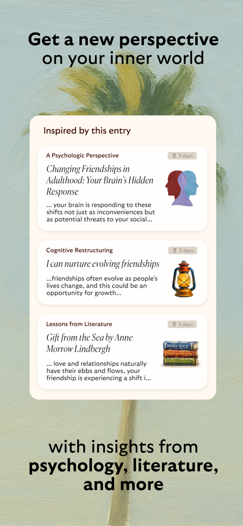 Untold Voice Journal screen showing AI insights from psychology and literature based on a user journal entry