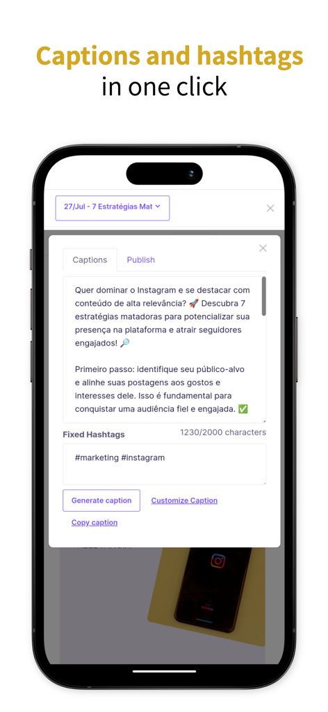 Smartphone showing GalilAI app interface for generating social media captions and hashtags
