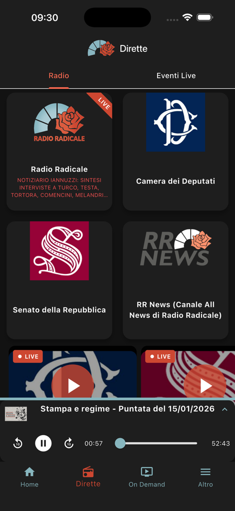 Radio Radicale - A tela de transmissões ao vivo do aplicativo Rádio Radicale com canais para a Câmara dos Deputados e o Senado italianos.