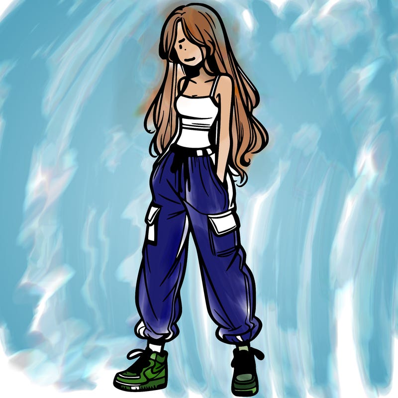 girl in baggy pants crop top and long hair