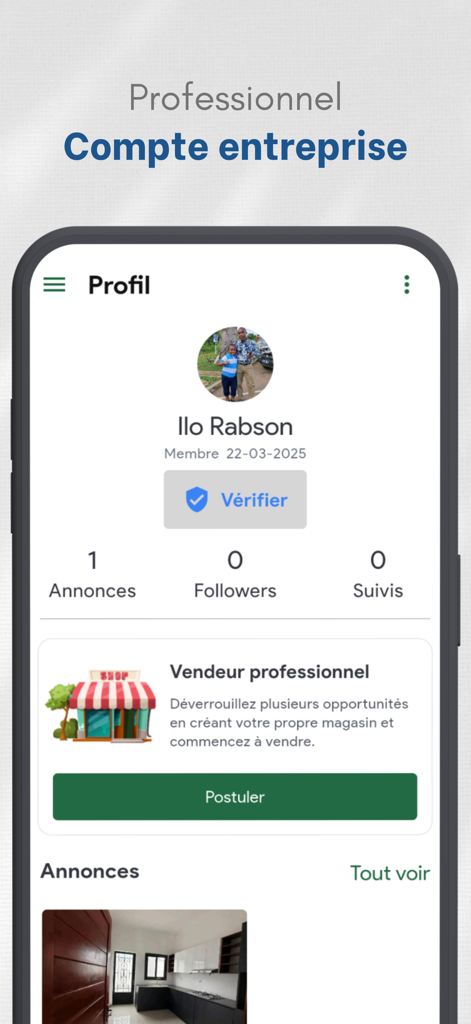 Bazar kely, petites annonces - Page de profil utilisateur dans l'application Bazar kely mettant en évidence les fonctionnalités du vendeur professionnel et du compte d'entreprise