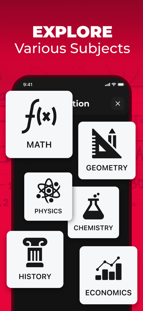 A mobile screen showing icons for different school subjects like Math Physics and History in the Photo Math app