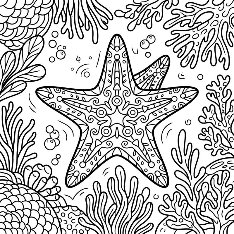 Explore the serene depths with this captivating Deep-Sea Starfish coloring page, thoughtfully designed for seniors. Its large print and calming patterns provide a delightful and stimulating coloring experience.