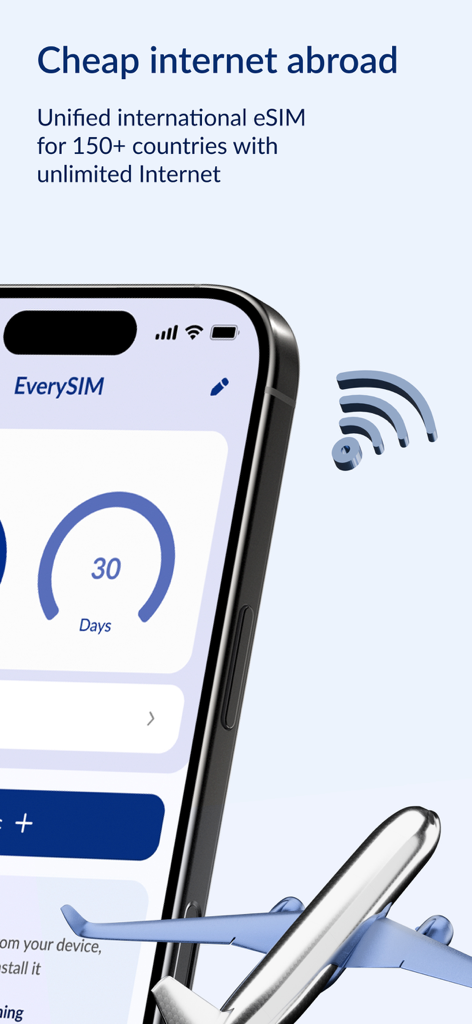 Pantalla de la aplicación EVERY que presenta servicios eSIM internacionales para viajeros