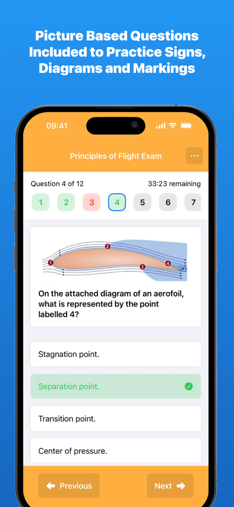 PPL試験対策アプリの画面で、翼型図に関する絵画問題と選択肢が表示されています。