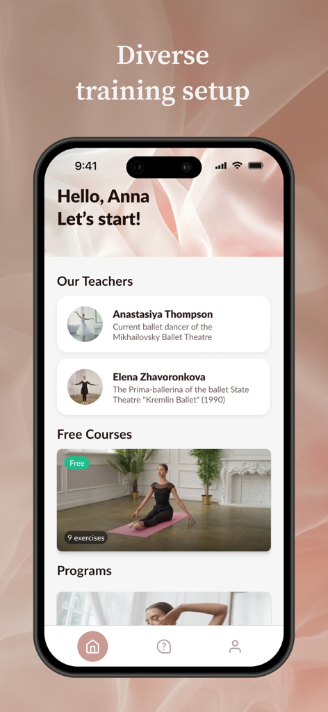 Prime Ballet App - Pantalla de inicio de la aplicación Prime Ballet con instructores de ballet profesionales y cursos de danza gratuitos.