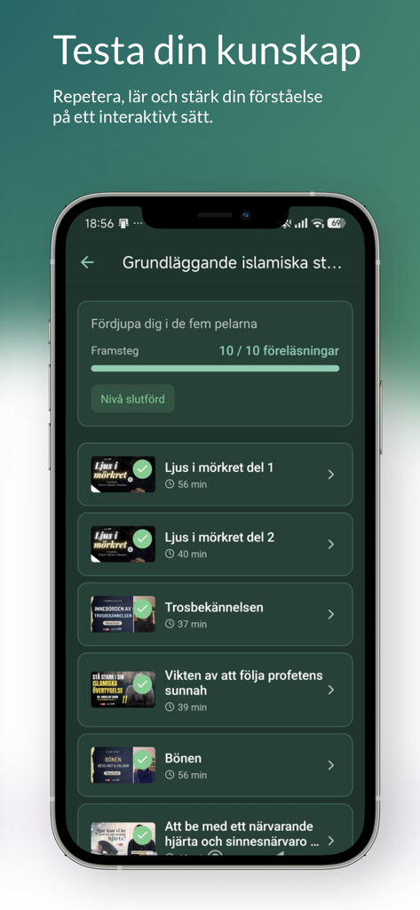 Islam.nu - Kurser - Islam.nu app interface showing a list of Islamic courses in Swedish with completed lesson indicators