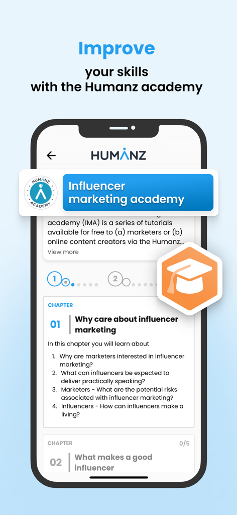 A mobile screen showing the Humanz Academy course interface with chapters on influencer marketing.
